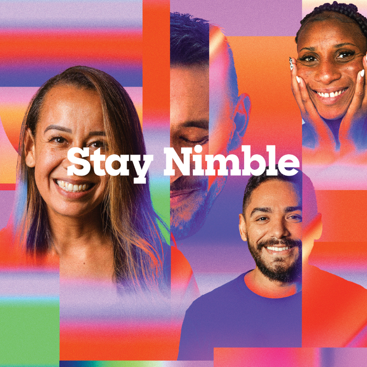 Stay Nimble hero graphic of happy people on a coloured background