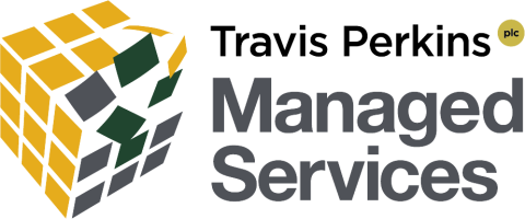 Rubix cube image in orange and black and the words Travis Perkins Managed Services in black