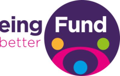 The words Wellbeing Emerge Better Fund in purple and pink with a purple circle with orange, green and blue dots