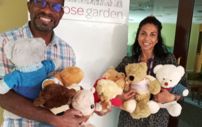 l to r, Selwyn Wynter, Trustee at The Teddy Trust and Elena Daffurn, Retirement Housing Officer at Platform Housing Group team up at The Rose Garden, Hereford to become a teddy drop off point for the Teddy Trust.